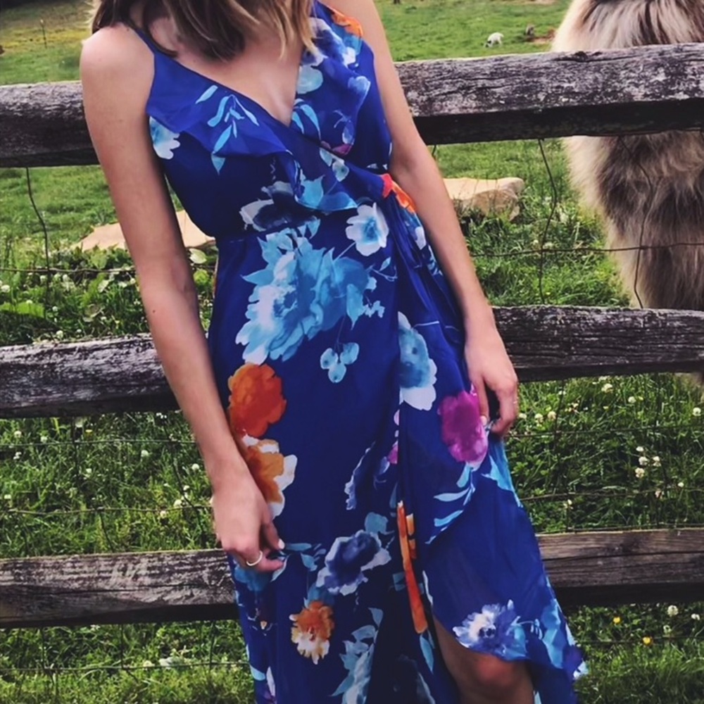 Lulu's Royal Blue Floral Wrap Maxi Dress
